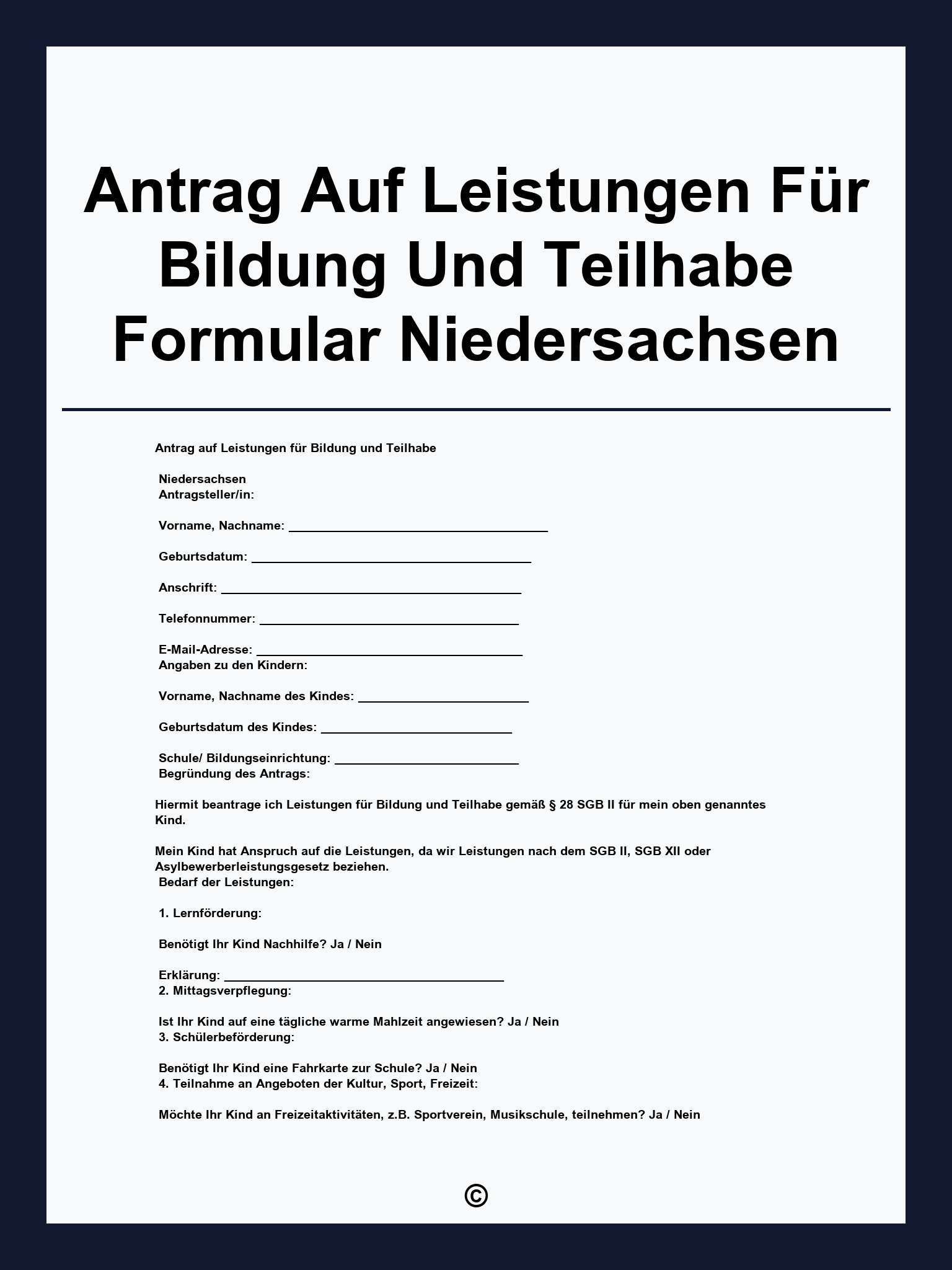 Antrag Auf Leistungen Für Bildung Und Teilhabe Formular Niedersachsen