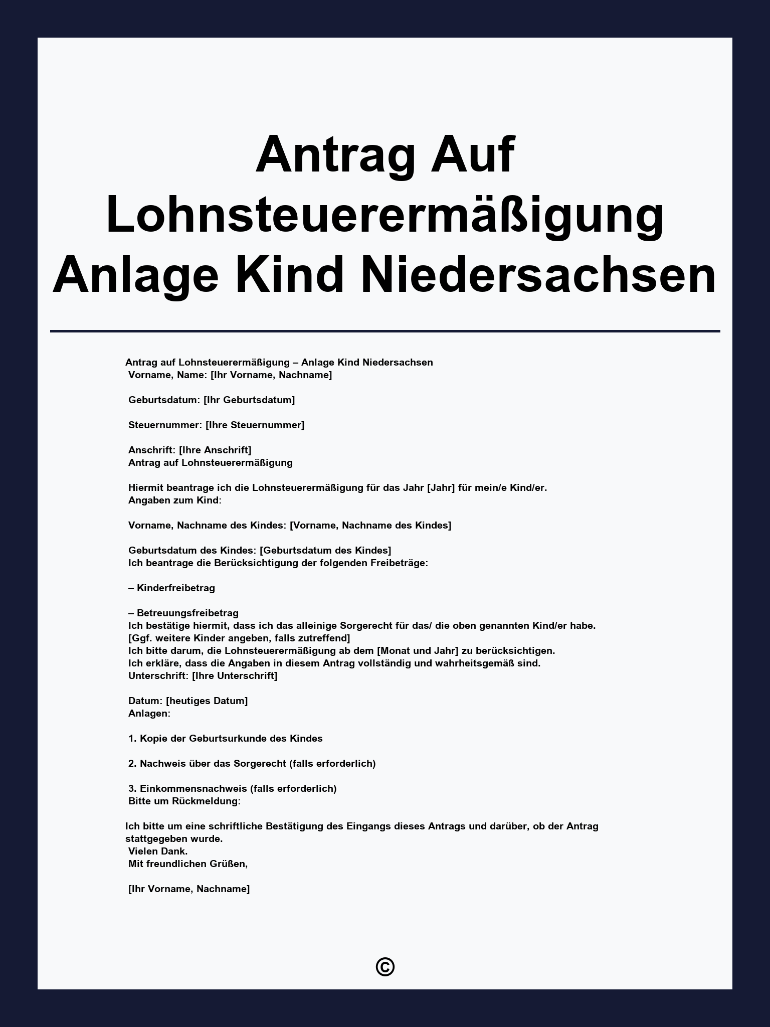 Antrag Auf Lohnsteuerermäßigung Anlage Kind Niedersachsen