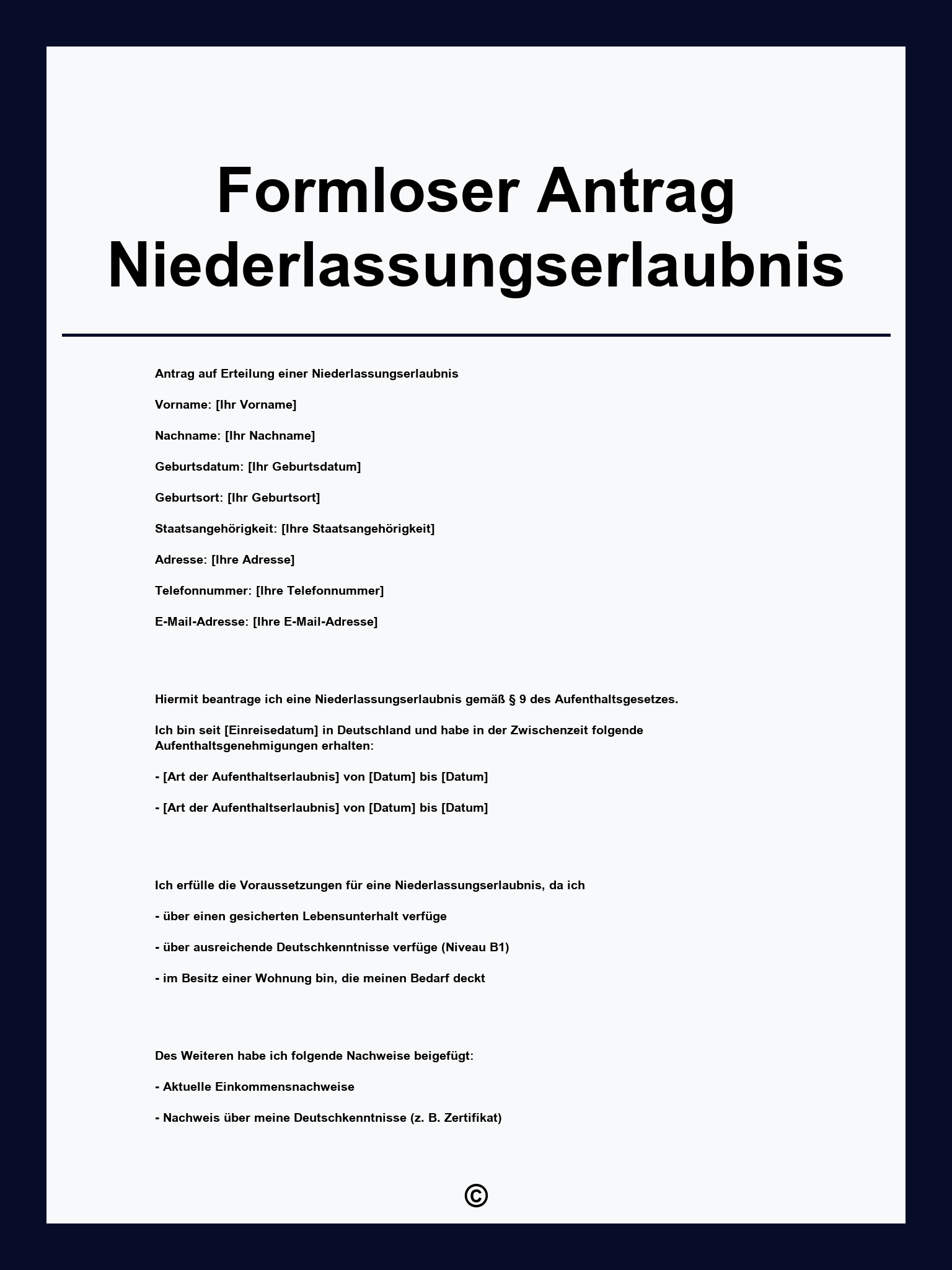 Formloser Antrag Niederlassungserlaubnis