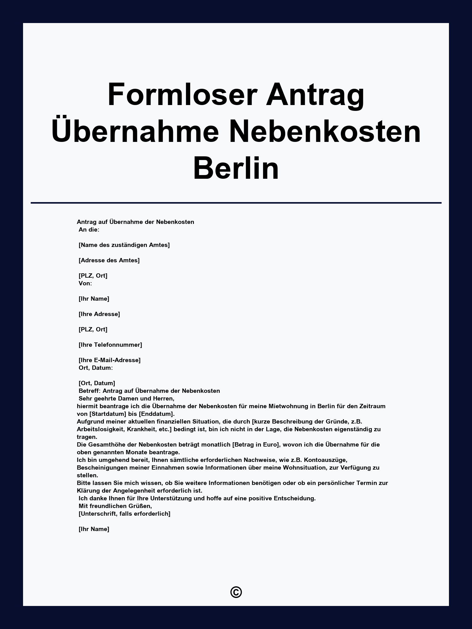 Formloser Antrag Übernahme Nebenkosten Berlin