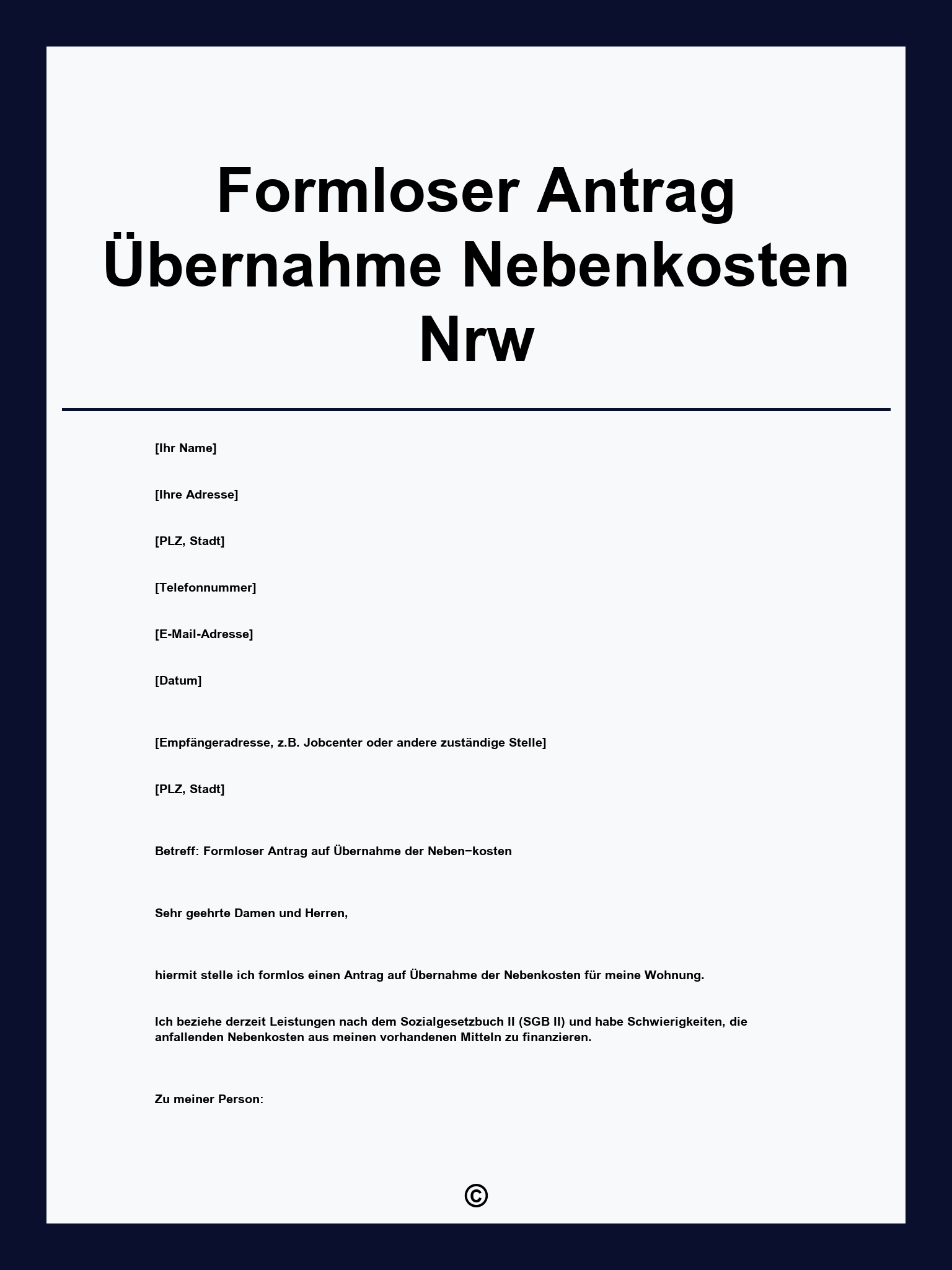 Formloser Antrag Übernahme Nebenkosten Nrw