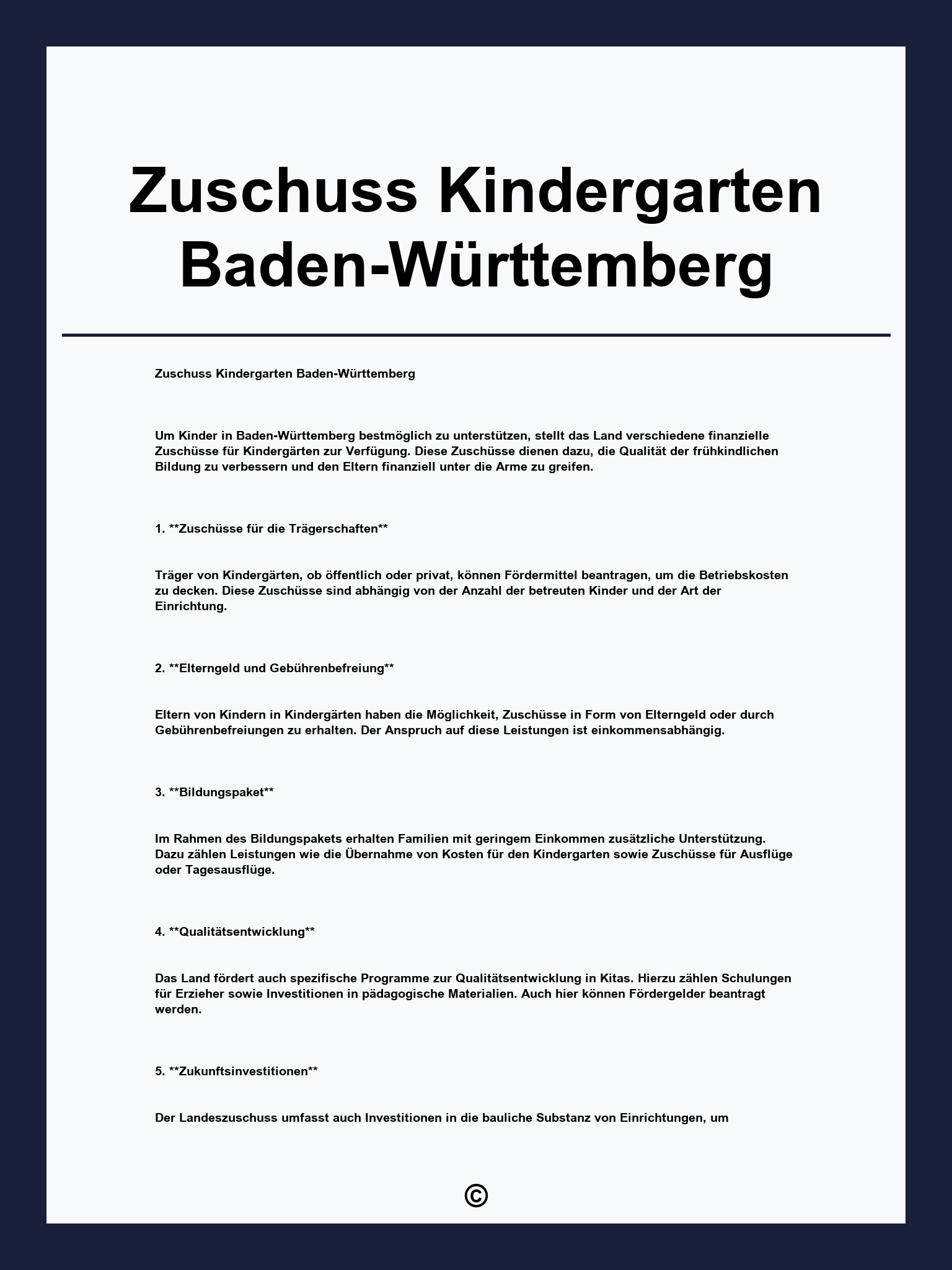 Zuschuss Kindergarten Baden-Württemberg